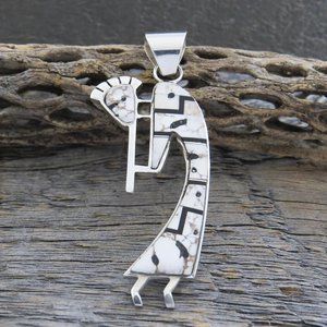 Native American Navajo Kokopelli Sterling Silver Wild Horse Inlay Pendant